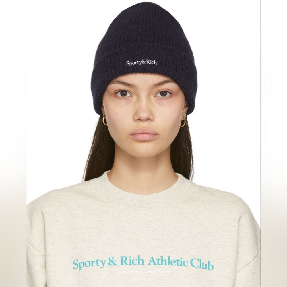 Sporty & Rich Dina Serif Logo Beanie In Navy
